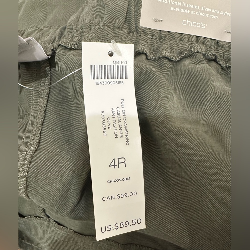 NWT Chico’s Pull-On Ankle Drawstring Pants Olive Green Size 20 (Chico’s size 4) - Picture 3 of 9